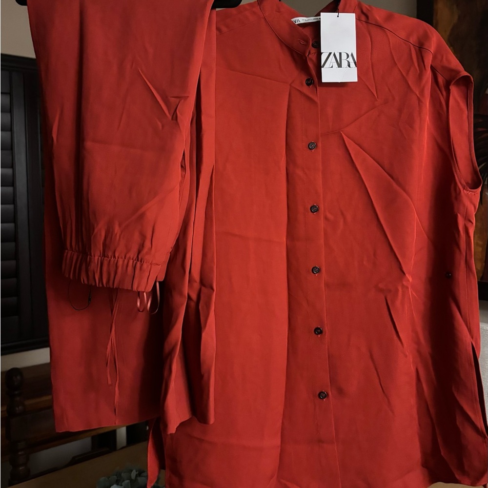 Zara Vibrant Red Shirt and Pants Ensemble